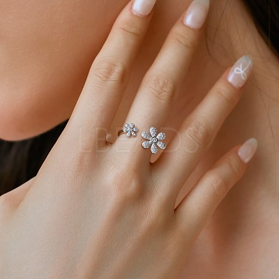 Flower Rhodium Plated 925 Sterling Silver Micro Pave Clear Cubic Zirconia Open Cuff Rings for Women RJEW-Q816-04P-1