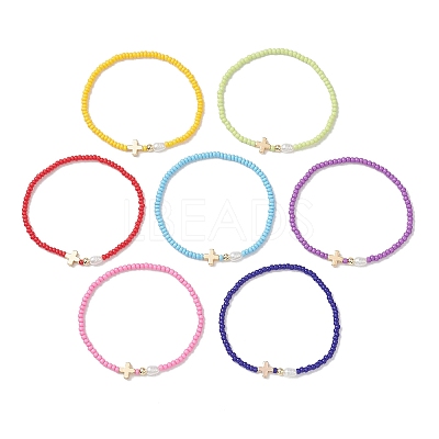 7Pcs Glass Seed Bead Stretch Bracelets with Brass Cross & Imitation Pearl BJEW-MZ00299-1