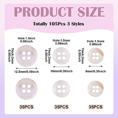 105Pcs 3 Styles Natural 4-Hole Freshwater Shell Buttons BUTT-TA0001-26-1