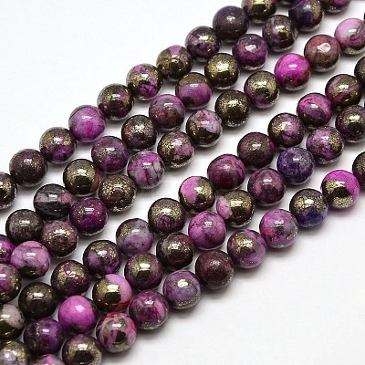 Electroplate Gemstone Natural Pyrite Round Beads Strands G-L129-8mm-02-1