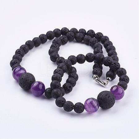 Natural Amethyst Beaded Necklaces & Stretch Bracelets Jewelry Sets SJEW-JS00918-05-1