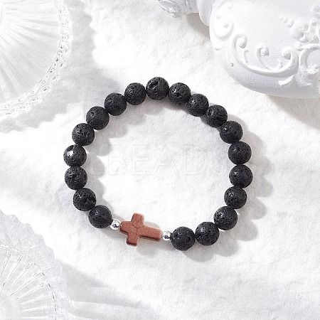 Natural Lava Rock & Synthetic Turquoise Beads Stretch Bracelets for Men Women BJEW-JB12226-02-1