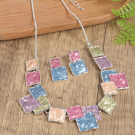 Square Zinc Alloy Enamel Pendant Necklaces & Stud Dangle Earrings Sets FS-WG2E030-10-1