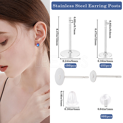 800Pcs 2 Styles 304 Stainless Steel Flat Round Blank Peg Stud Earring Findings FIND-BBC0003-52-1