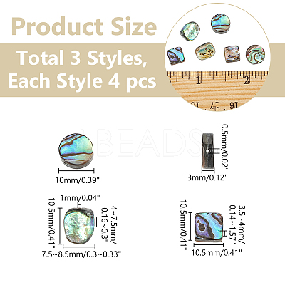 12pcs 3 styles Natural Abalone Shell/Paua Shell Beads Strands SHEL-WR0001-03-1