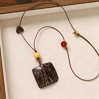 Natural Coconut Pendant Adjustable Leather Cord Long Necklaces with Wood Beads WGC33B1-06-1