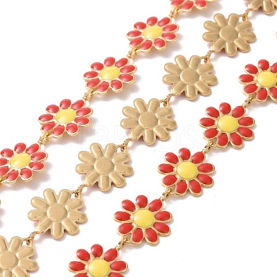 Ion Plating(IP) 304 Stainless Steel Daisy Flower Link Chains with Enamel AJEW-J035-03G-11-1