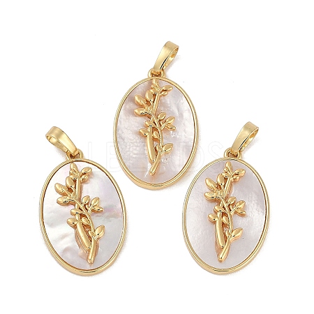 Rack Plating Brass Pave Shell Oval Pendants KK-U032-92G-08-1