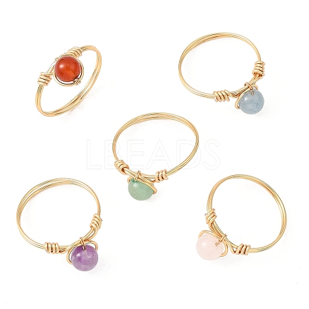 Natural Gemstone Round Braided Bead Finger Rings for Women RJEW-JR00953-01-1