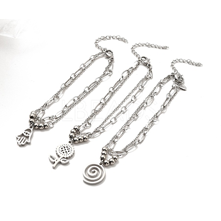 304 Stainless Steel Paperclip & Cable Chains Double Layer Multi-strand Bracelet with Charm for Women BJEW-C025-07P-1