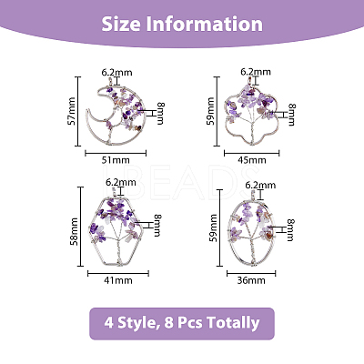 8Pcs 4 Styles Flower & Moon & Oval & Hexagon Natural Amethyst Copper Wire Wrapped Chip Big Pendants G-DC0001-26-1