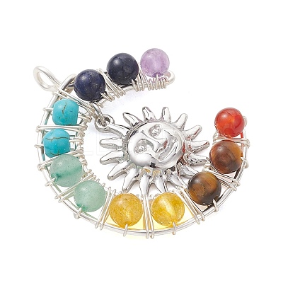 7 Chakra Round Mixed Stone Copper Wire Wrapped Moon Pendants PALLOY-TA00401-02-1