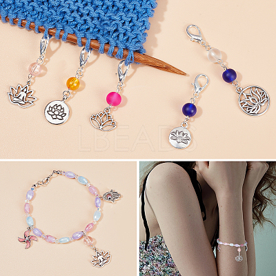 Glass Beaded Locking Stitch Markers with Lotus & Yoga Pendant HJEW-AB00012-1