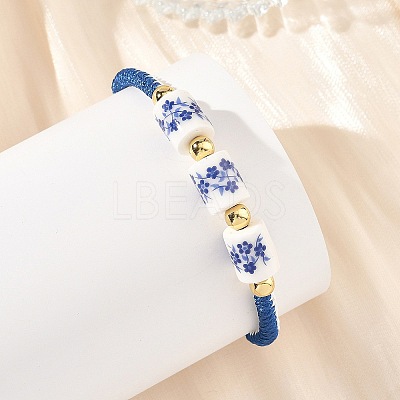 Adjustable Handmade Chinoiserie Floral Printed Porcelain Column Beads & Brass Braided Bead Bracelets for Women BJEW-JB14210-1