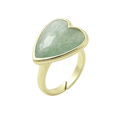 Heart Brass Natural Green Strawberry Quartz  Finger Rings X-RJEW-D304-01G-C-1