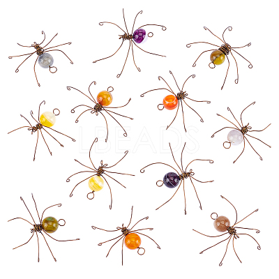 12Pcs 6 Colors Copper Wire Wrapped Natural Banded Agate Spider for Door Window Protection HJEW-NB00186-1