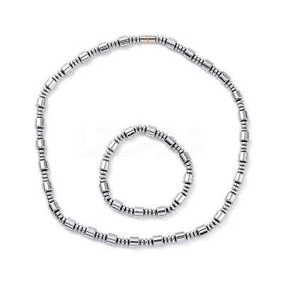 Synthetic Hematite & Brass Column Beaded Necklace Bracelet with Magnetic Clasps SJEW-G079-01C-1
