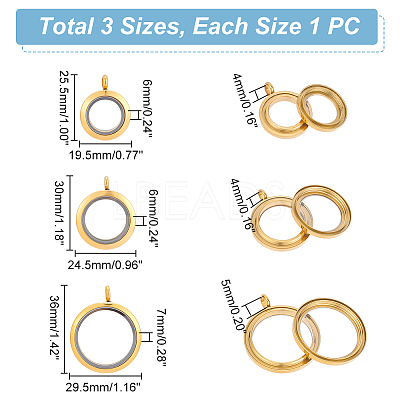 3Pcs 3 Style 304 Stainless Steel Locket Pendants FIND-UN0001-83G-1