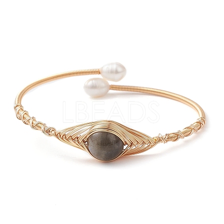 Natural Labradorite & Pearl Cuff Bangle BJEW-JB10119-03-1