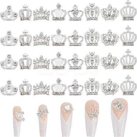 32Pcs 8 Style Crown Alloy Rhinestone Nail Art Cabochons MRMJ-FH0001-20-1