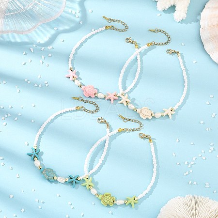 Summer Dyed Synthetic Turquoise & Natural Pearl & Seed Bead Beaded Anklets AJEW-AN00870-1