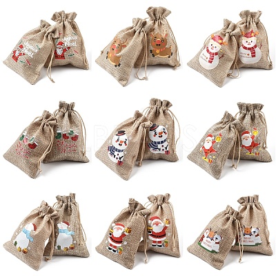 30Pcs 15 Styles Christmas Printed Jute Cloth Storage Pouches ABAG-YW0001-10-1