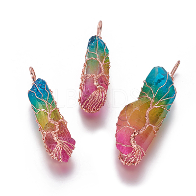 Electroplate Natural Quartz Crystal Big Wire Wrapped Pointed Pendants G-L520-B03-RG-1