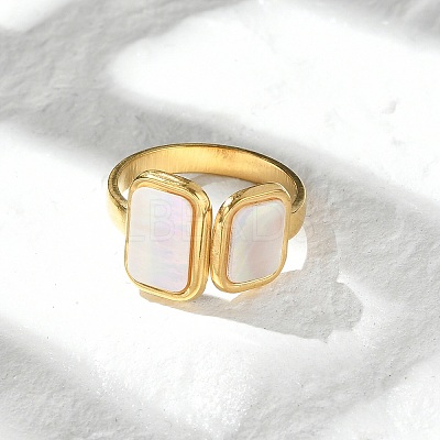 Rectangle 304 Stainless Steel White Shell Cuff Rings for Women RJEW-G346-04G-02-1