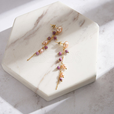 Natural Lepidolite & Natural Freshwater Pearl & 925 Sterling Silver Leaf Dangle Stud Earrings for Women EJEW-G412-02G-1