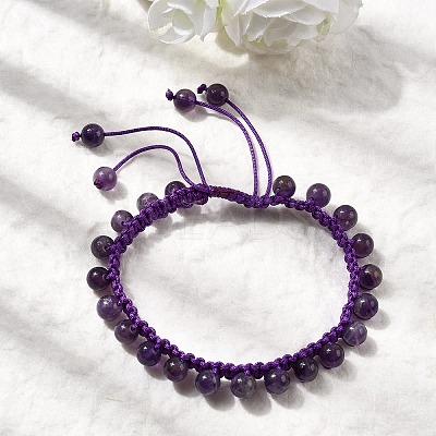 Adjustable Natural Amethyst Beads Braided Bead Bracelets for Men Women BJEW-L713-B06-1