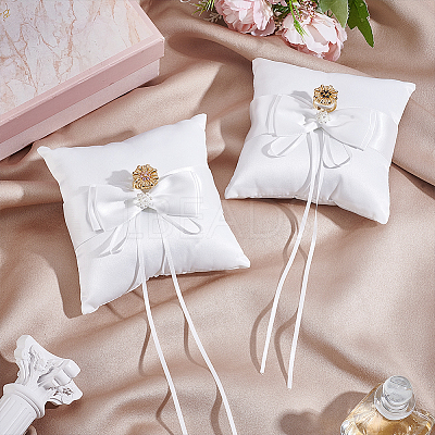 Square Polyester with Plastic Pearl Flower Wedding Finger Ring Display Pillow RDIS-WH0016-24B-1