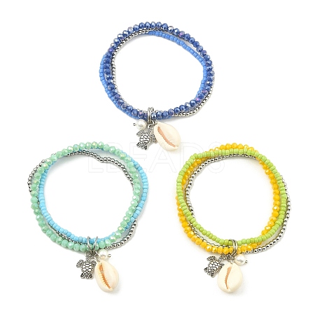 3Pcs 3 Colors Electroplate Glass & Shell Stretch Bracelets for Women BJEW-TA00381-1