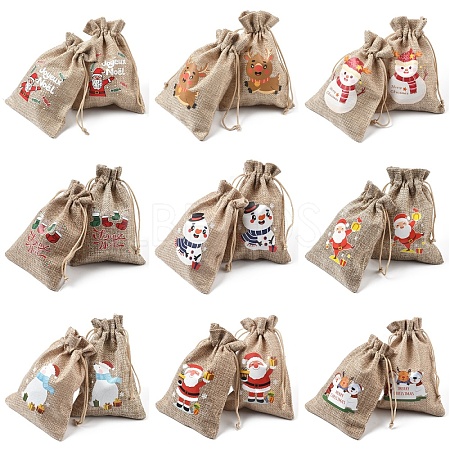 30Pcs 15 Styles Christmas Printed Jute Cloth Storage Pouches ABAG-YW0001-10-1