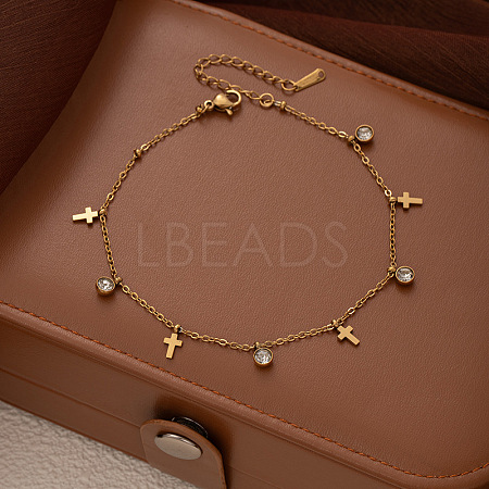 304 Stainless Steel Pave Clear Cubic Zirconia Charm Anklets for Women FS-WG43DDA-08-1