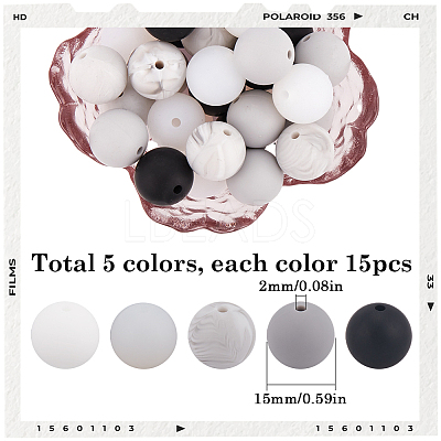 75Pcs 5 Colors Round Silicone Focal Beads SIL-SP0001-02-1
