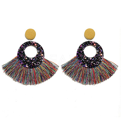 Bohemian Style Acrylic & Polyester Fan Tassel Stud Earrings FS-WGB5BEF-09-1