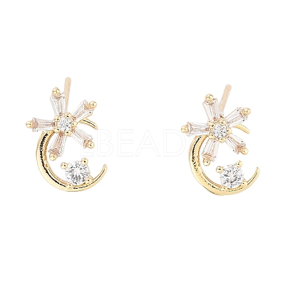 Moon with Flower Brass Micro Pave Cubic Zirconia Stud Earrings EJEW-Q800-24KCG-1
