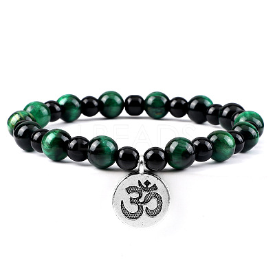 Yoga Natural Dyed Green Tiger Eye Round Beads Charm Bracelets HP5240-5-1