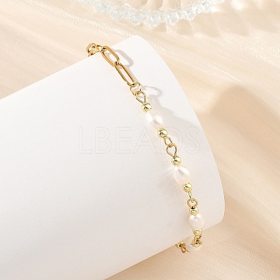 Natural Pearl Two Sides Polished Beaded Chain Bracelets with 304 Stainless Steel Paperclip Chains BJEW-JB14234-03-1