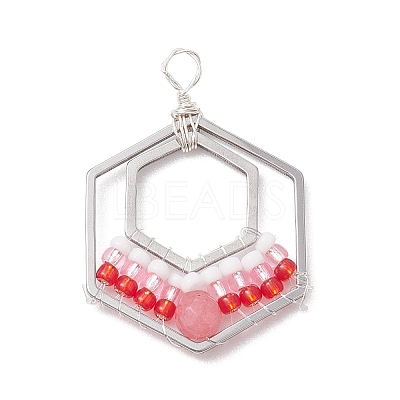 Wire Wrapped Natural White Jade & Glass Bead Pendants PALLOY-MZ00200-1