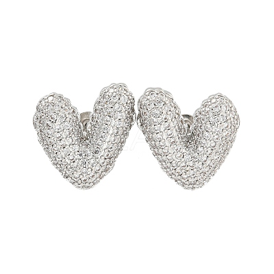 Heart Brass Pave Clear Cubic Zirconia Stud Earrings EJEW-M258-82P-1