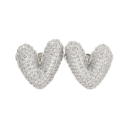 Heart Brass Pave Clear Cubic Zirconia Stud Earrings EJEW-M258-82P-1
