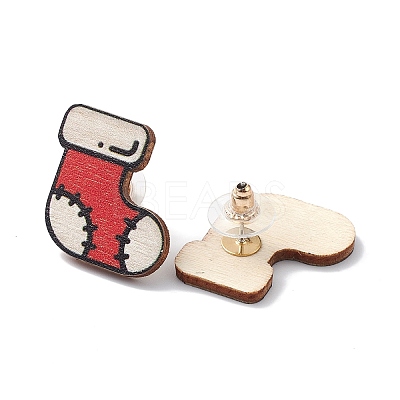 Christmas Printed Wooden Stud Earrings EJEW-D046-02-1