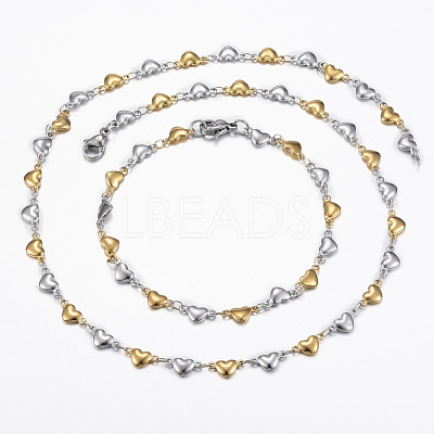 Two Tone 304 Stainless Steel Heart Link Chain Jewelry Sets X-SJEW-H103-12GP-1