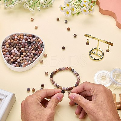 100Pcs Natural Petrified Wood Round Bead with Strong Stretchy Beading Elastic Thread G-SZ0002-28-1