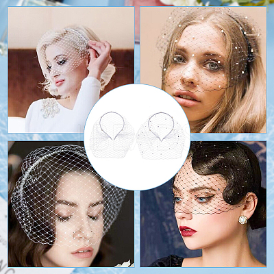 2Pcs 2 Styles Bridal Rhinestones Pearl Mesh Veil Cloth Hair Bands MRMJ-FG0001-16A-1