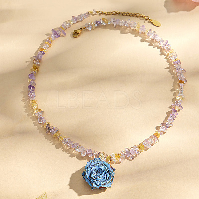 Resin Dried Flower Pendant Natural Amethyst Chip Beaded Necklaces for Women WG04FC4-01-1
