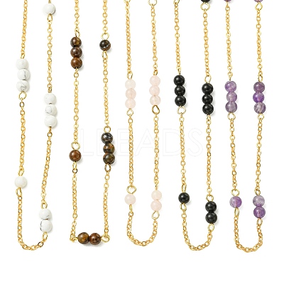5MM Round Natural Mixed Stone Beads Brass Cable Chain Necklaces for Women NJEW-JN06378-1
