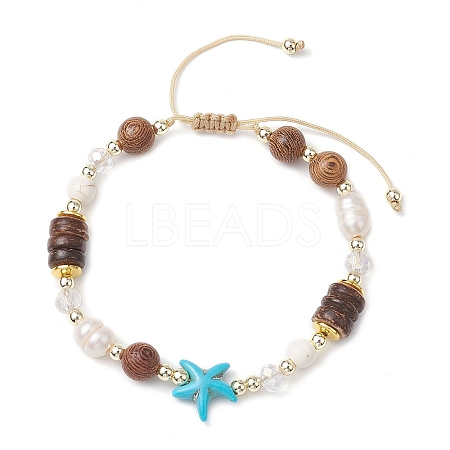 Adjustable Dyed Synthetic Turquoise & Coconut & Wood & Pearl Braided Bead Bracelets BJEW-JB10721-02-1