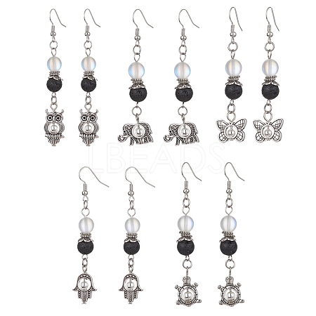 Natural Lava Rock Round Beaded Dangle Earrings EJEW-JE05476-1